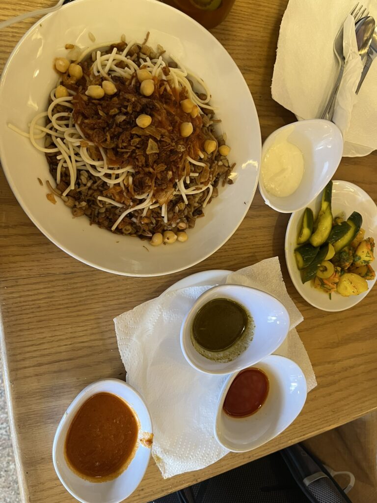 Koshary: Egypt’s national comfort food; a hearty, multi-layered bowl consisting of rice, black lentils, macaroni, and chickpeas, topped with a tangy tomato sauce and crispy fried onions.