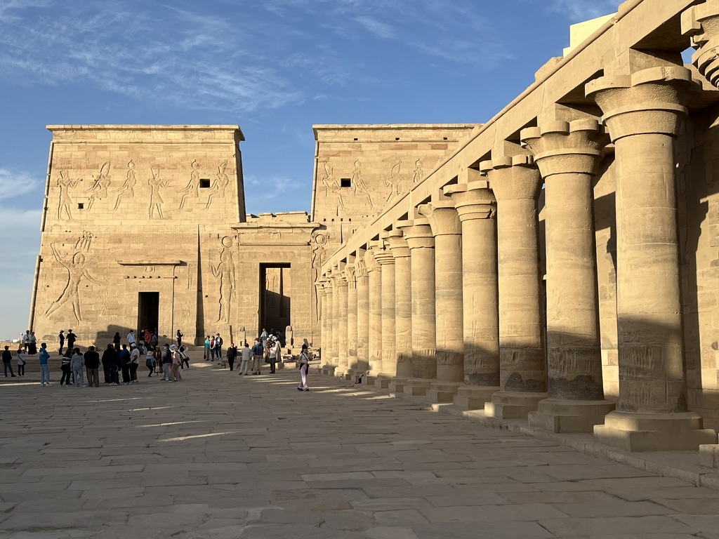 A view of the 18-meter-high First Pylon of the Temple of Isis at Temple of Philae, commissioned primarily by Ptolemy II Philadelphus.