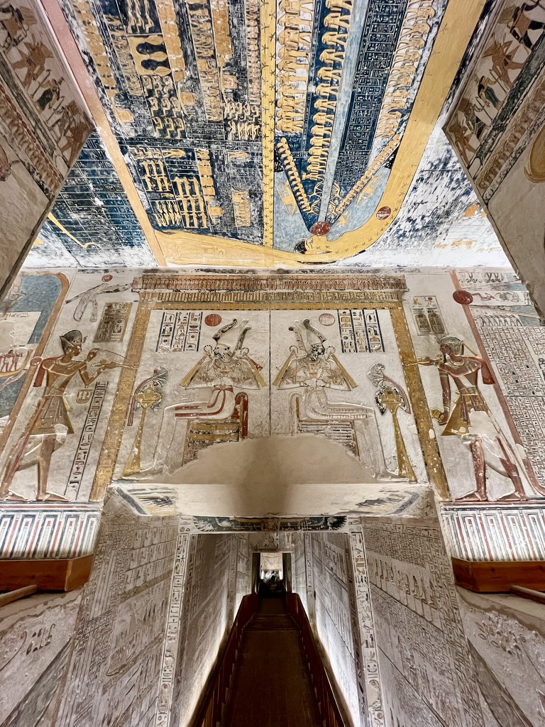 Deep within the Valley of the Kings, the royal tombs feature impeccably preserved astronomical ceilings and vibrant wall reliefs depicting the Pharaoh's journey through the underworld as described in the Book of Gates.