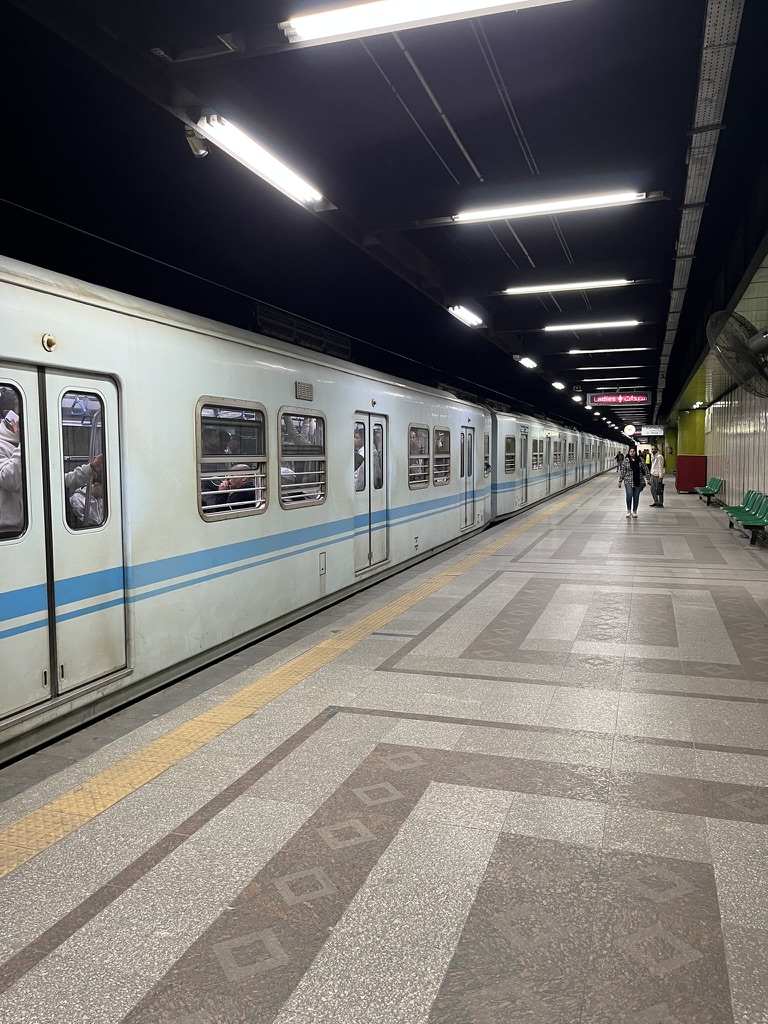 The elevated Mar Girgis station on Cairo Metro's Line 1, located directly across from the entrance to the Roman Babylon Fortress and the religious complex of Coptic Cairo.