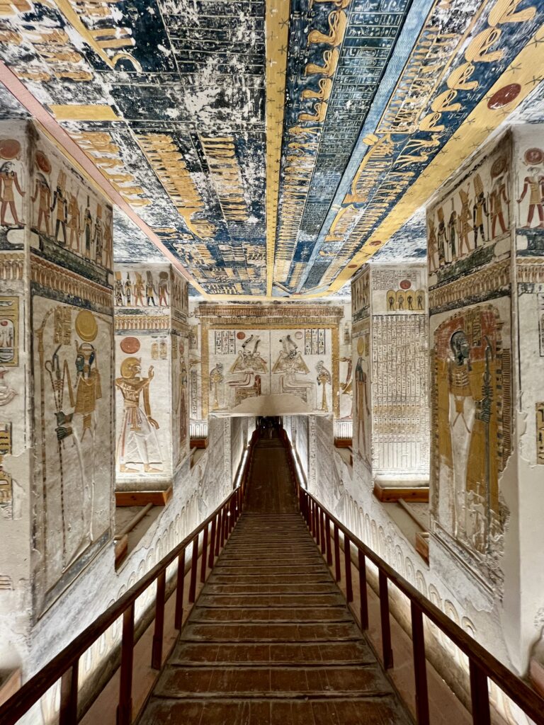 A remarkably preserved astronomical ceiling within the royal tomb KV9 – Ramesses VI, depicting the sky goddess Nut swallowing and giving birth to the sun.