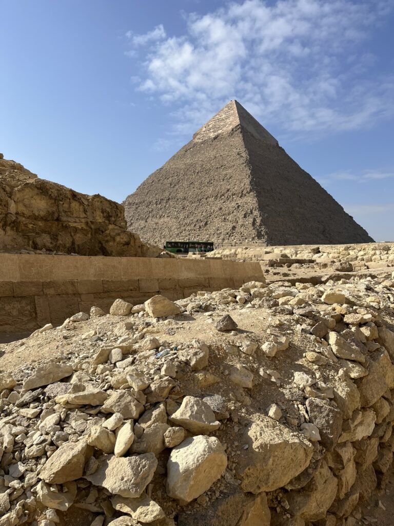 The Pyramid of Khafre, the second-tallest of the Ancient Egyptian Pyramids of Giza and retains some casing stones at its apex.