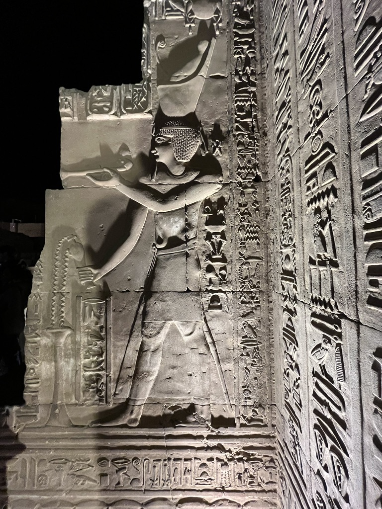Close-up of ancient Egyptian wall carvings and hieroglyphics at Edfu Temple, dramatically lit by night spotlights.