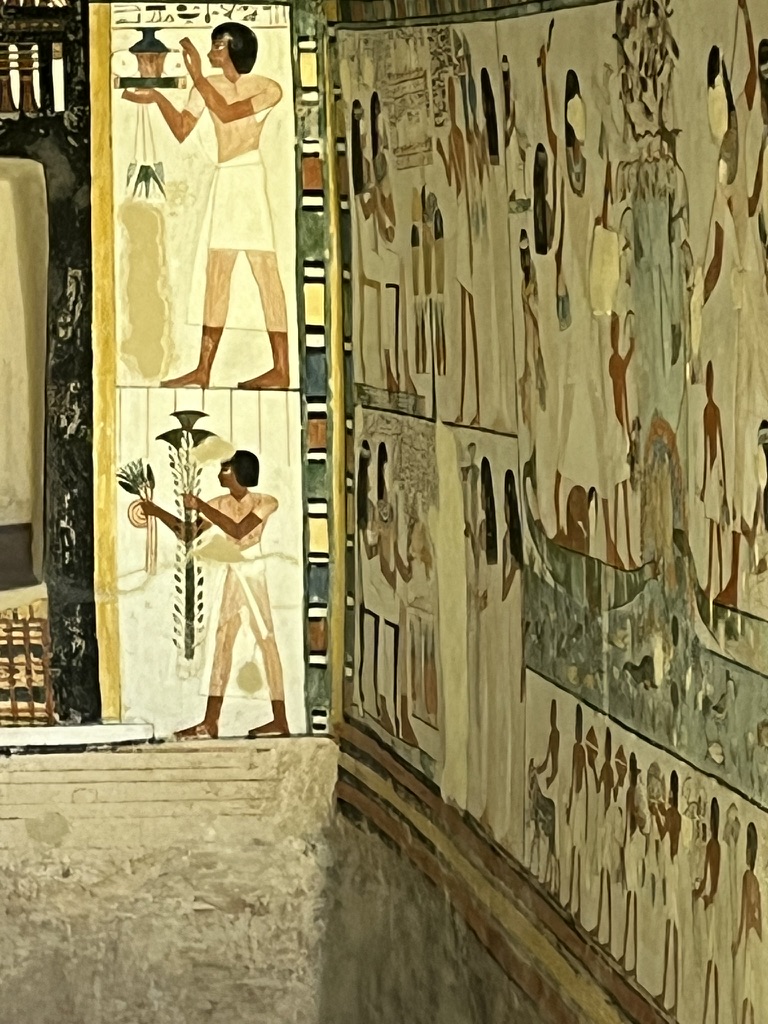 Wall paintings from the Tombs of the Nobles in Luxor, depicting offerings and agricultural rituals — a vivid record of elite life in New Kingdom Egypt.