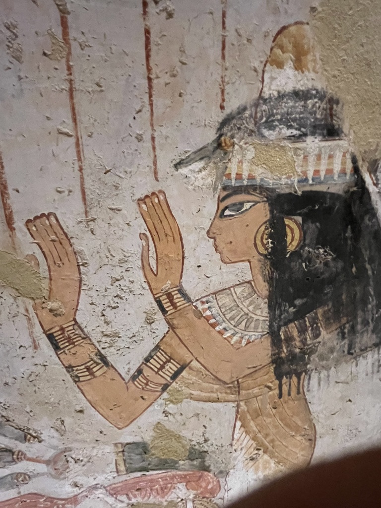 A profile painting of the wife of Menna, depicted with an elaborate ceremonial wig topped with a scented fat cone and a lotus bud.