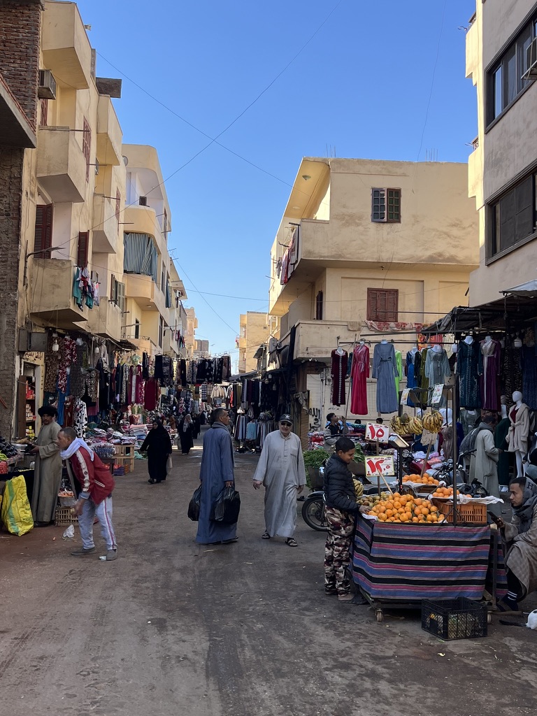 The morning bustle of the Luxor market, a sensory mix of aromatic herbs and food scene.