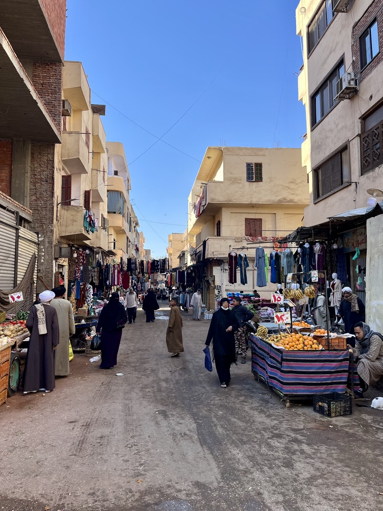 A bustling neighborhood market street where residents shop for fresh produce and clothing under the morning sun.