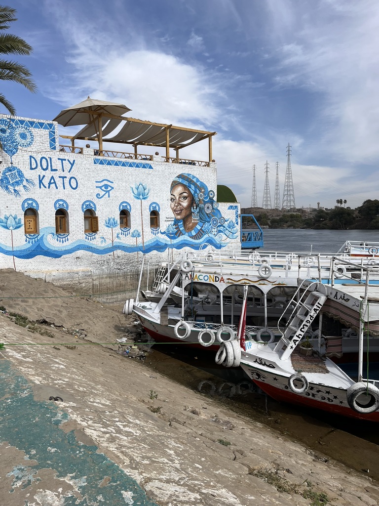 A brightly painted Nubian guest house featuring the iconic blue-and-yellow geometric patterns and vaulted mud-brick roofs typical of the region.