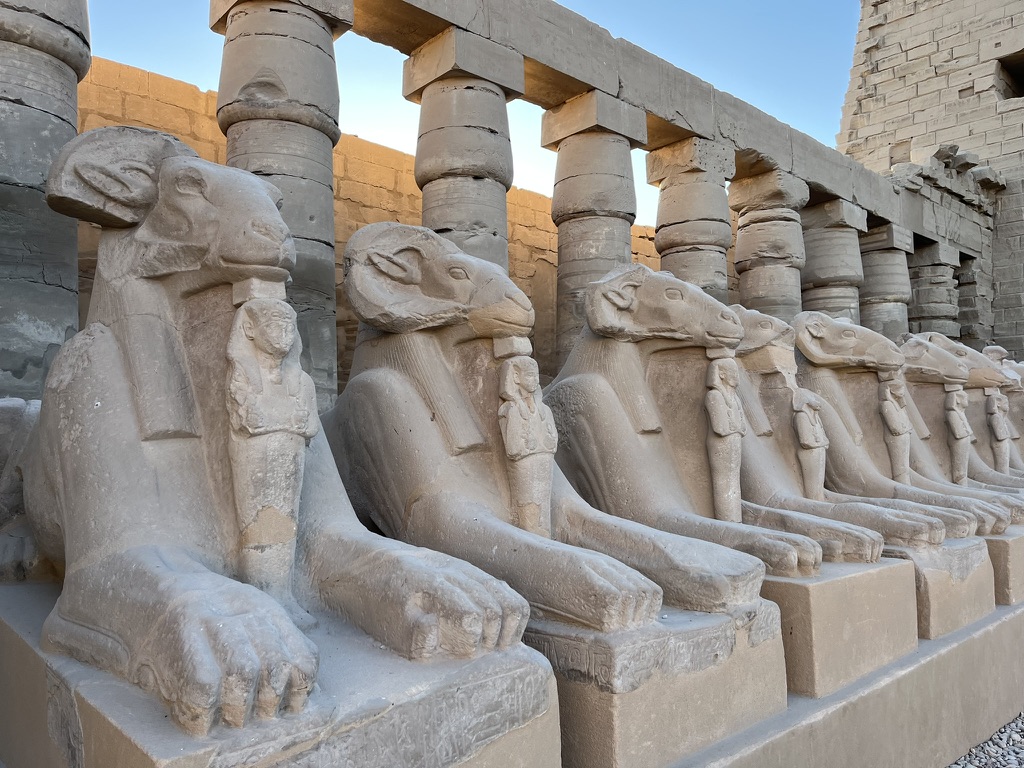 A row of well-preserved ram-headed sphinxes, each protecting a small figure of Pharaoh Ramesses II between its paws.