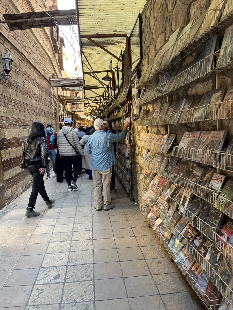 A narrow, atmospheric alleyway lined with bookstalls, offering everything from Naguib Mahfouz classics to theological texts.